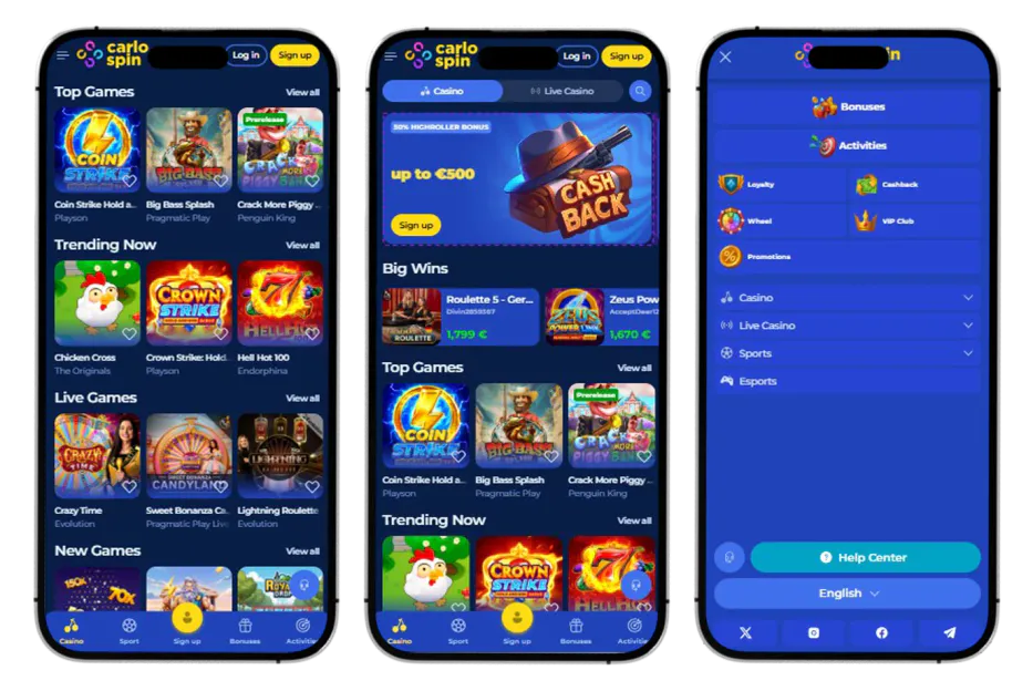 Mobiele Carlospin-lobby met bonusaanbiedingen, casinospellen en navigatiemenu